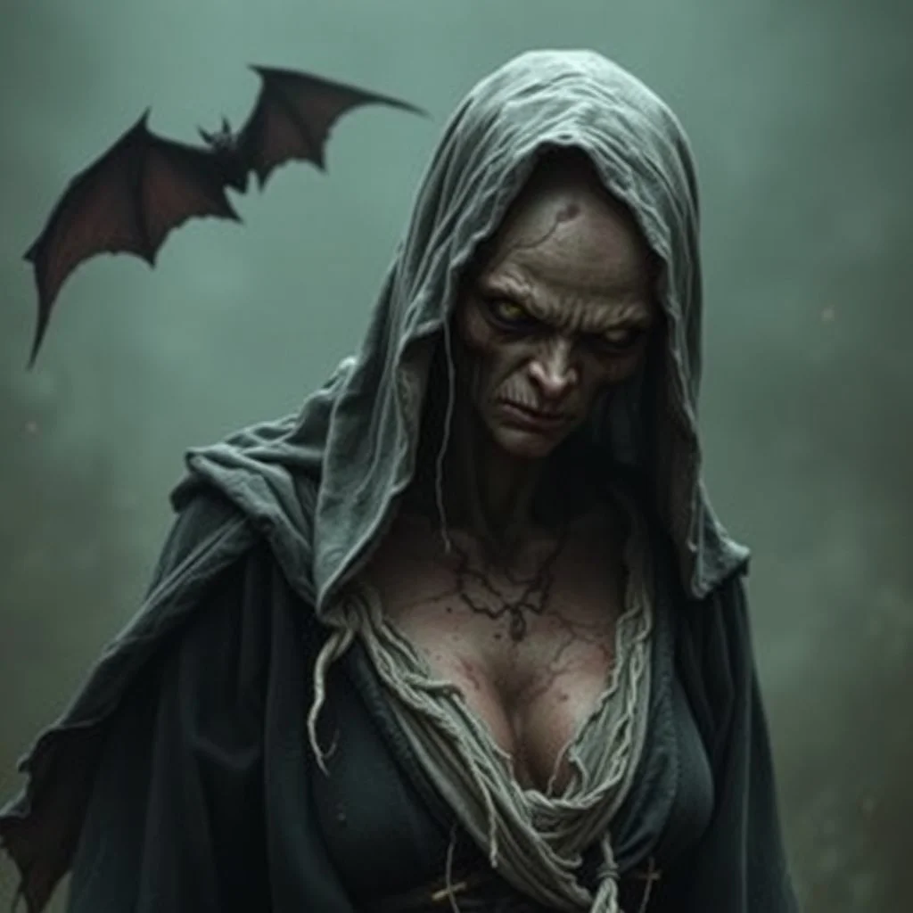 The demon witch, Lorissa Nightshade, appears—a gaunt, pale woman with hollowed out eyes and wearing tattered and torn robes. Grimdark realistic