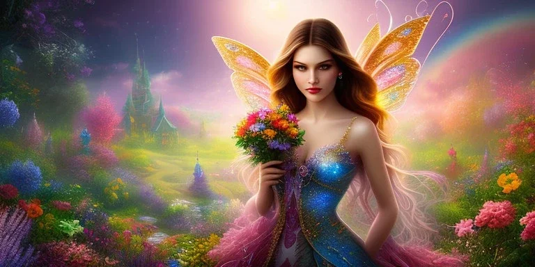 bright fairy, beautiful portrait, flowery landscape