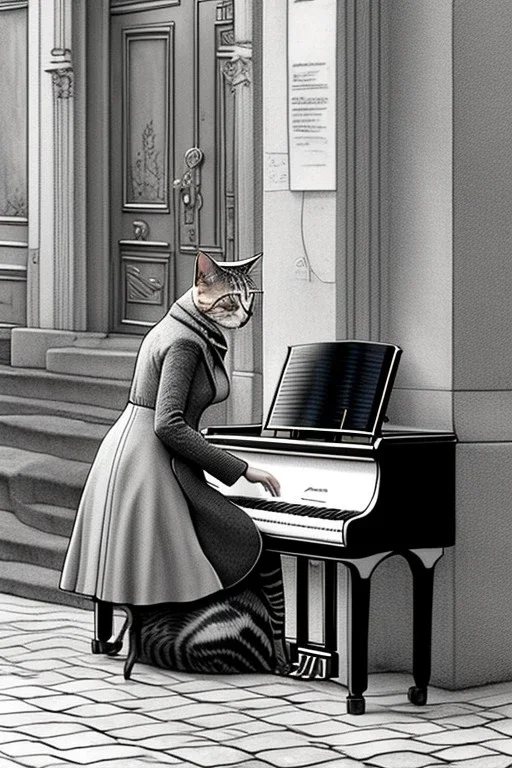 One single mature cat lady playing piano on the street, Vienna, fiacre, friendly, model style, hyper realistic, extremely accurate, delicate, extremely detailed, Graphic novel style, wide-angle, open aperture, superfine pencil