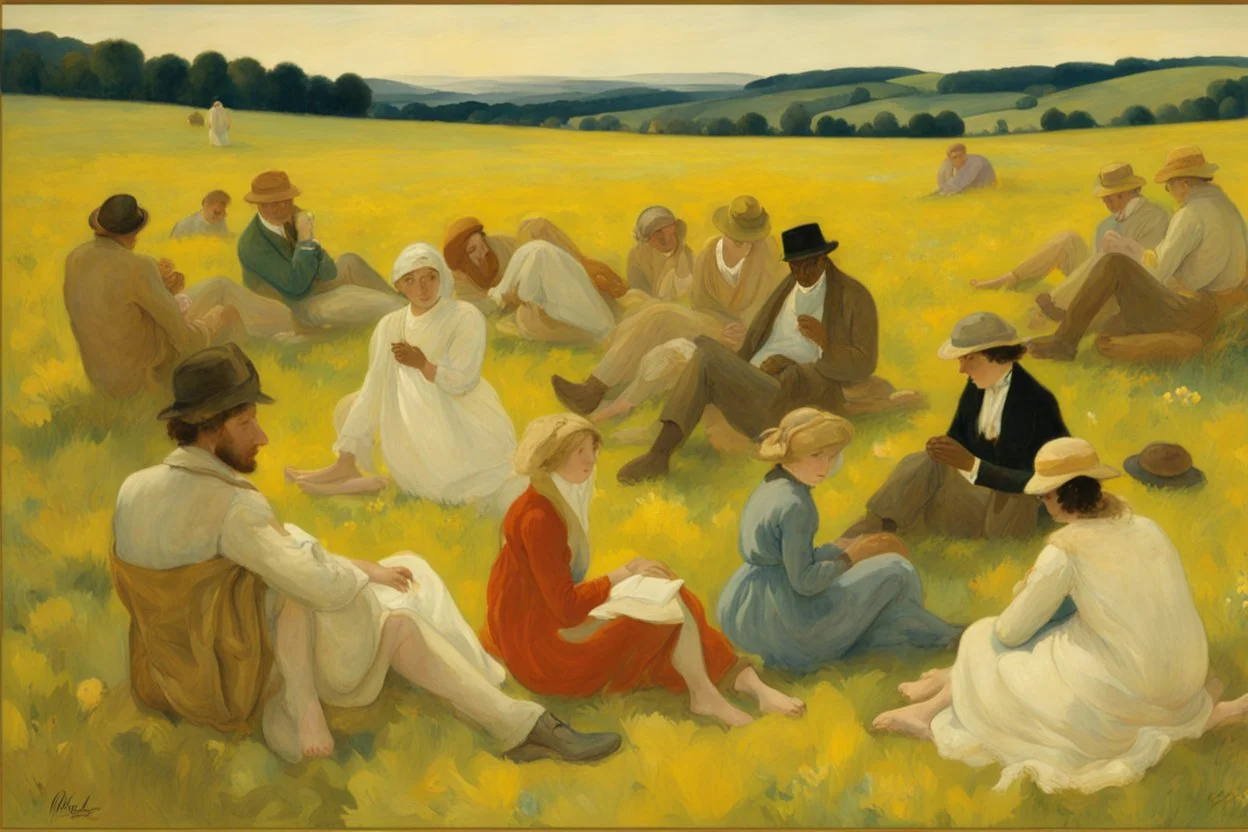 a group of people relaxing in a meadow by artist "Nolde",by artist "Richard Dadd", highly detailed