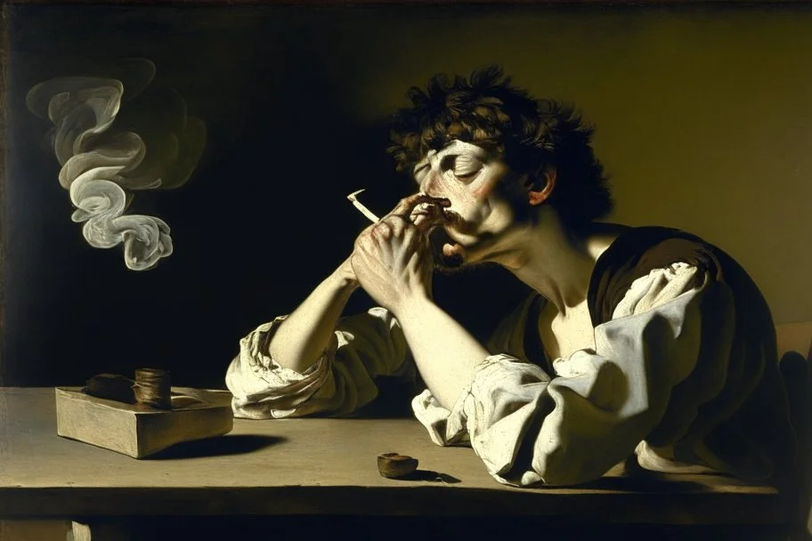 man smoking on picnic table by Caravaggio