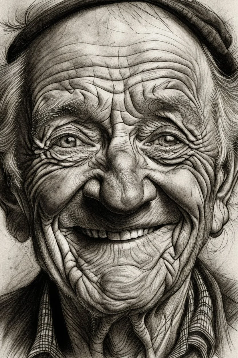 drawing, portrait, old, old, wrinkles, features, smiling, white, lead, charcoal,drawing with pencil