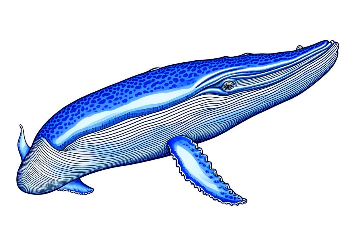 a drawing of a whale in acrylic paint marker style. Blue whale, white background.