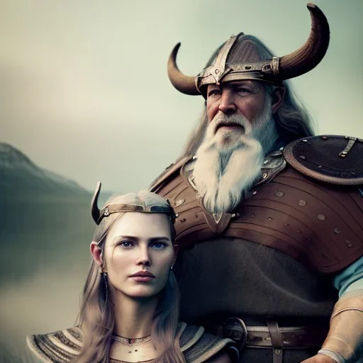 Viking theme, a younger woman sitting next to a 50-year-old man, portrait, 8K, close-up face, anatomically perfect face, Highly detailed stunning full frame portrait, misty and cloudy atmosphere