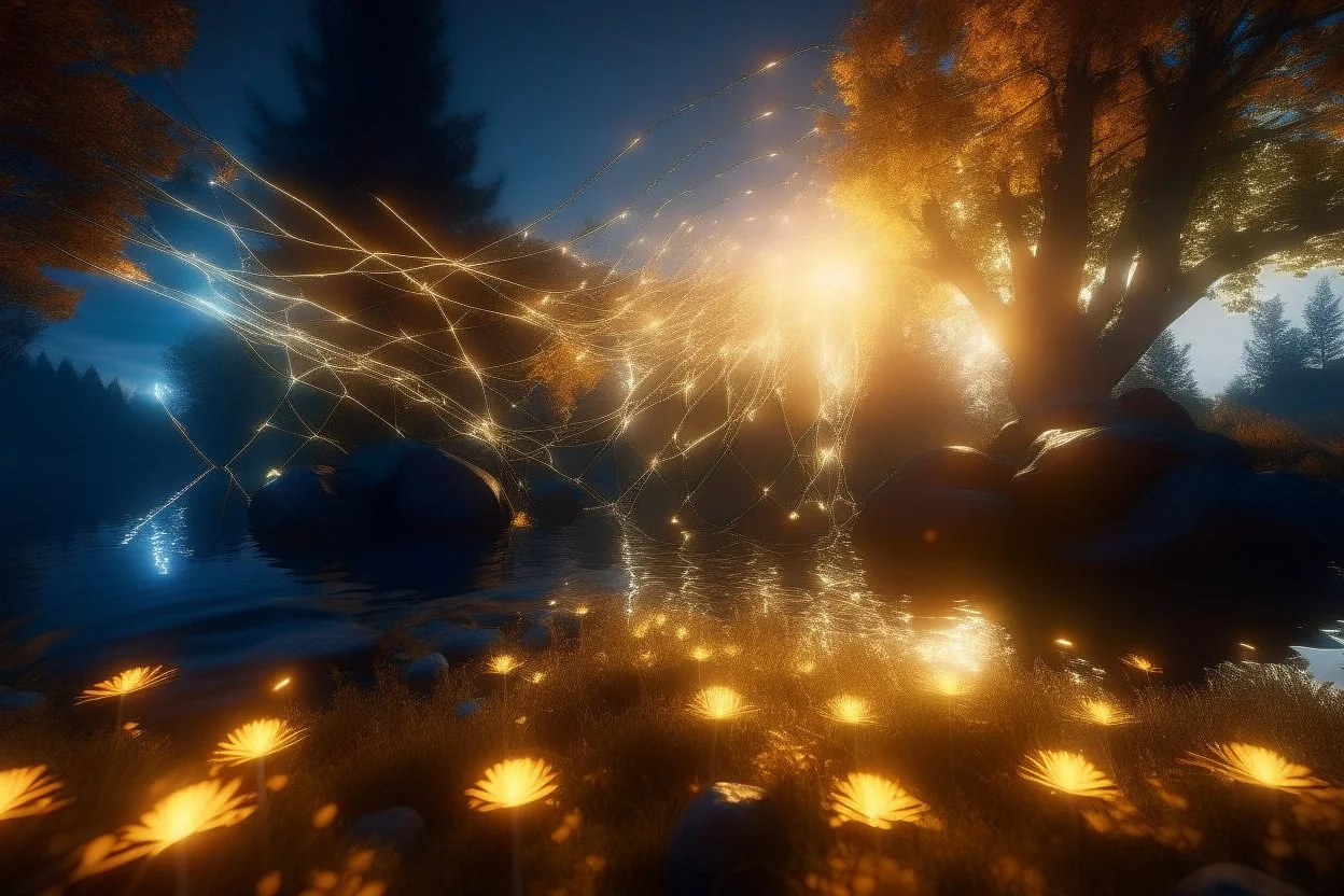 lightning sparkling christmas lights in forest, on lakeside in sunshine detailed matte painting, deep color, fantastical, intricate detail, splash screen, complementary colors, fantasy concept art, 8k resolution trending on Artstation Unreal Engine 5