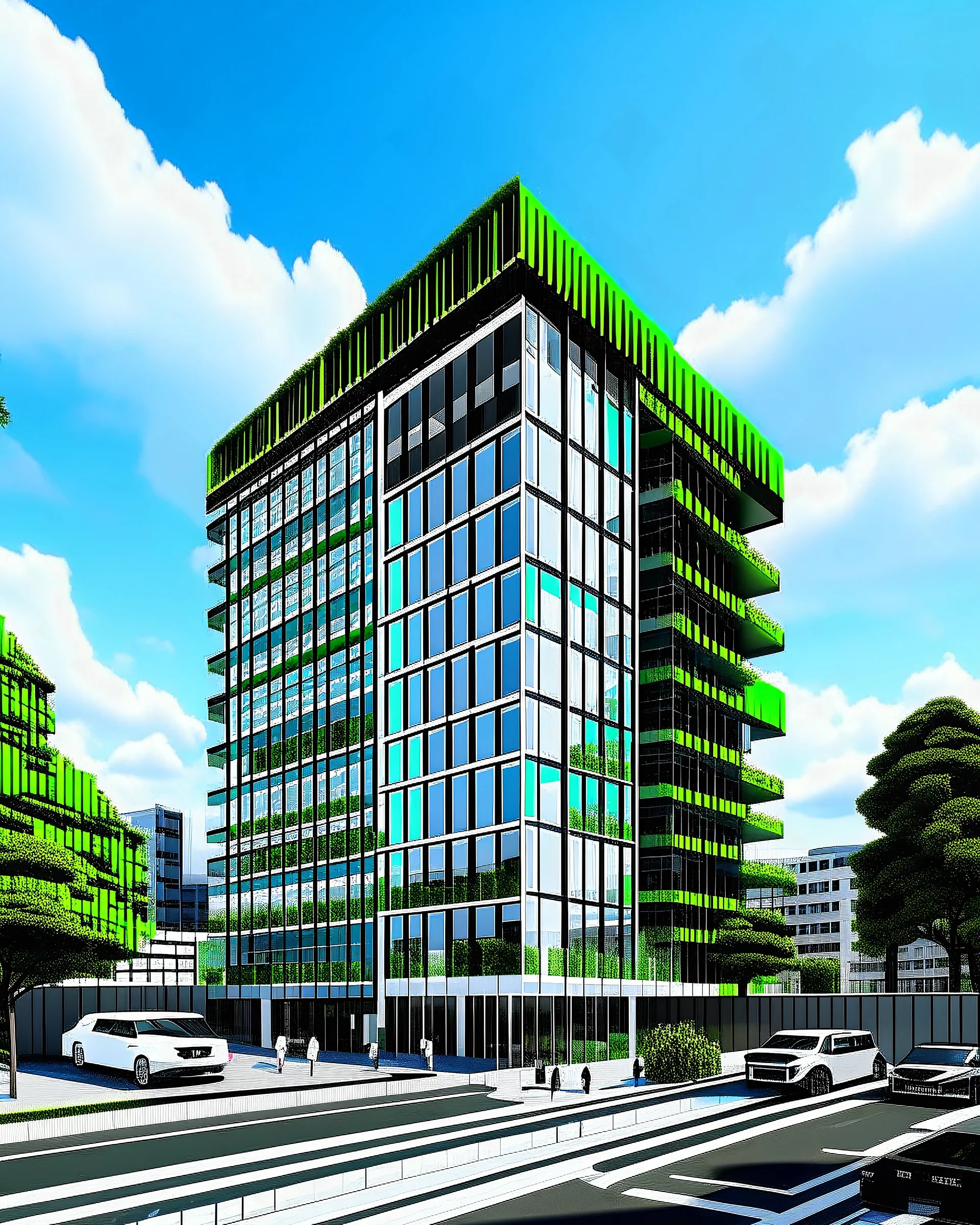 A 3D representation of a 10-story building in Bogotá for housing, commerce and office purposes. It has a modern neo-futufist architectural design with a mix of glass and concrete. There are shops on the ground floor. The upper floors contain residential units and office spaces. The building is surrounded by a green space with trees.