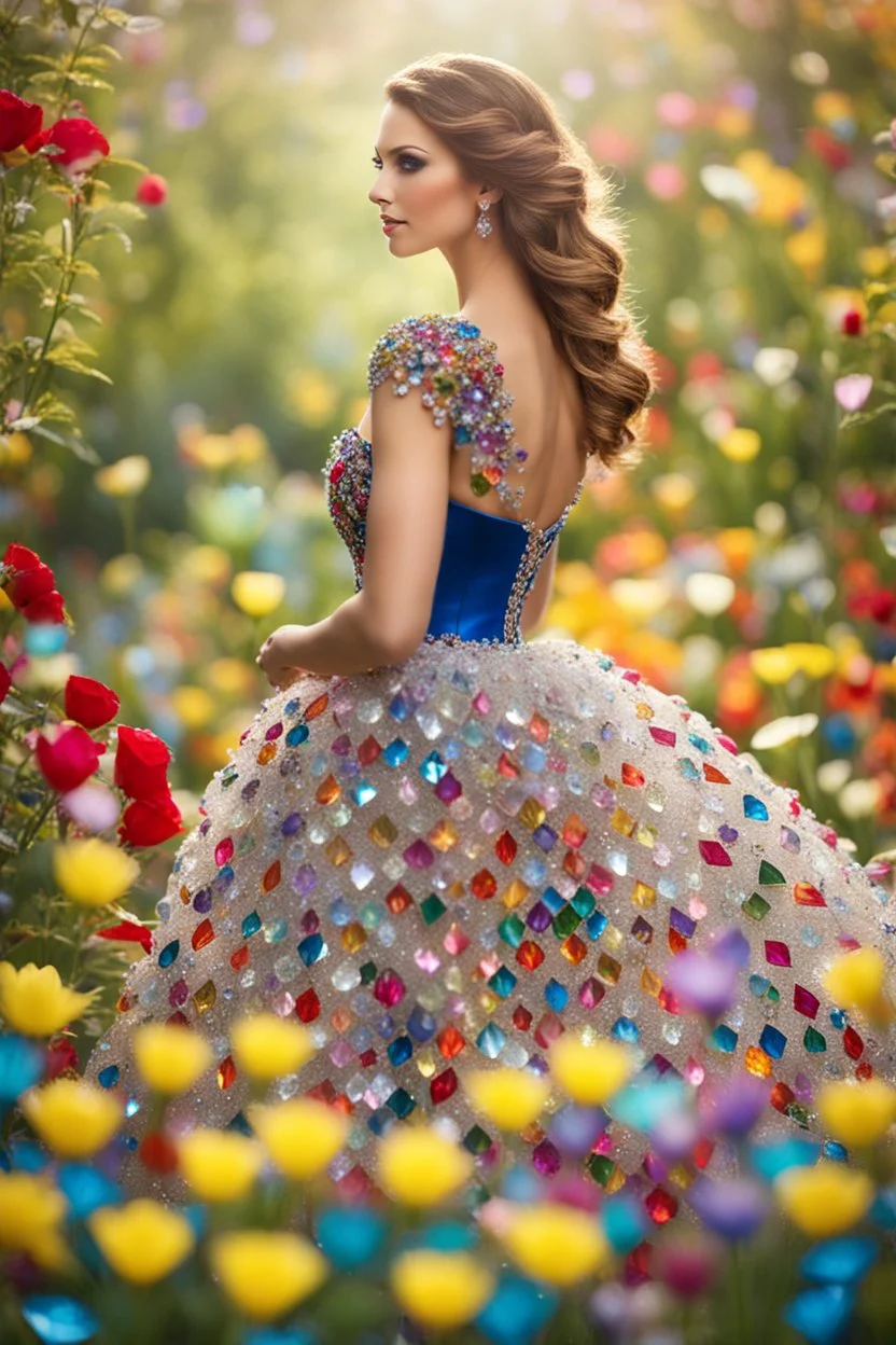 Photograph Beautiful woman wearing dress made of colors diamonds shapire and jewels in a flowergarden