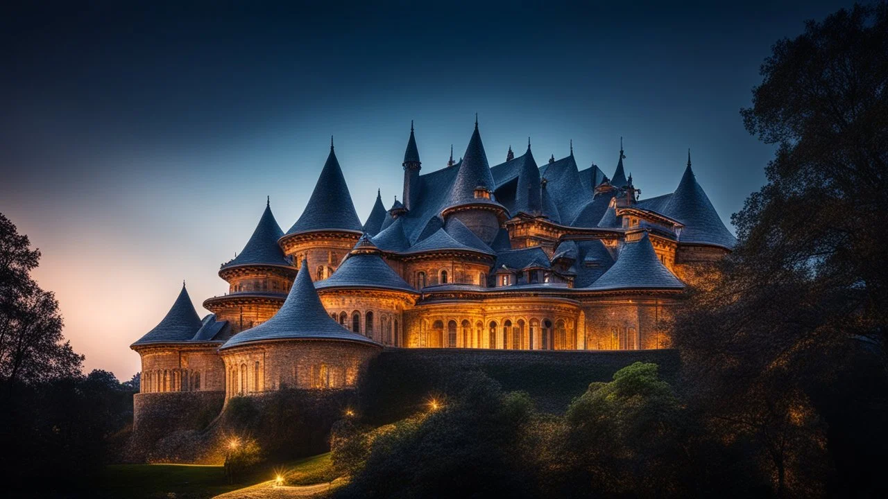 8001, delightful, sensitive, fantastic, confident, undulating sinusoidal castle with hyperbolic roofs, delicate, night, darkness, architecture, award-winning photograph, beautiful composition, dreamlike, filled with beautiful detail, delicate colour, chiaroscuro