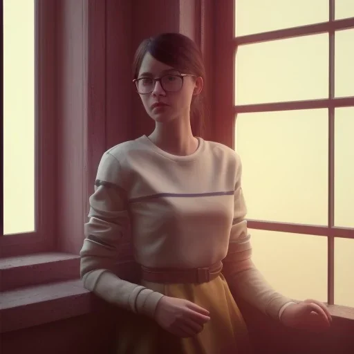 Study girl in university by the window ,movie, real photo realistic, unreal engine, cinematic lighting --ar 1:1 creative