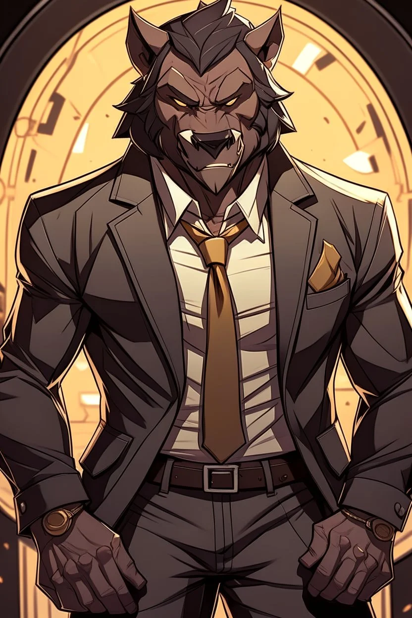 Buff, anthro, wolf, himbo, black fur, gold eyes, wearing a suit, full-body, muscles, strong, muscular, man boobs, bulky, tail, dark fur, smug grin, hands on hips, furry-himbo, broad shoulders, wide hips, big chest, big muscles,