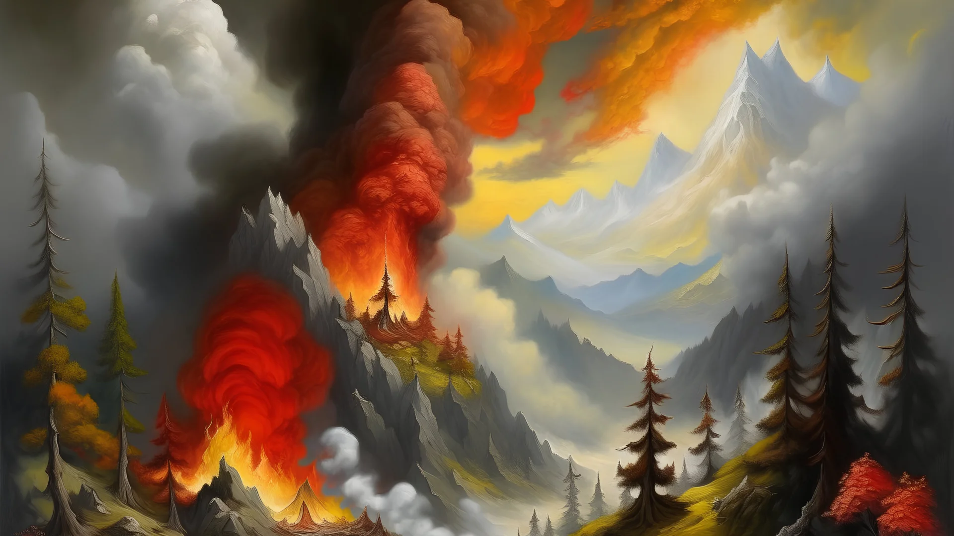 A burning rocky mountainside, raging fire, plumes of smoke, dragon in the distance, flaming trees, realistic, medieval, painterly, Bob Ross painting