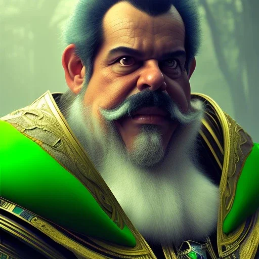 hyper realistic, realistic - anime, portrait, beautifully rendered, luis guzman as luigi wearing green, smirking deviously, luigi, luigi's nose, painted by jan van eyck, greg rutkowski, wlop, artgerm, dishonored 2,