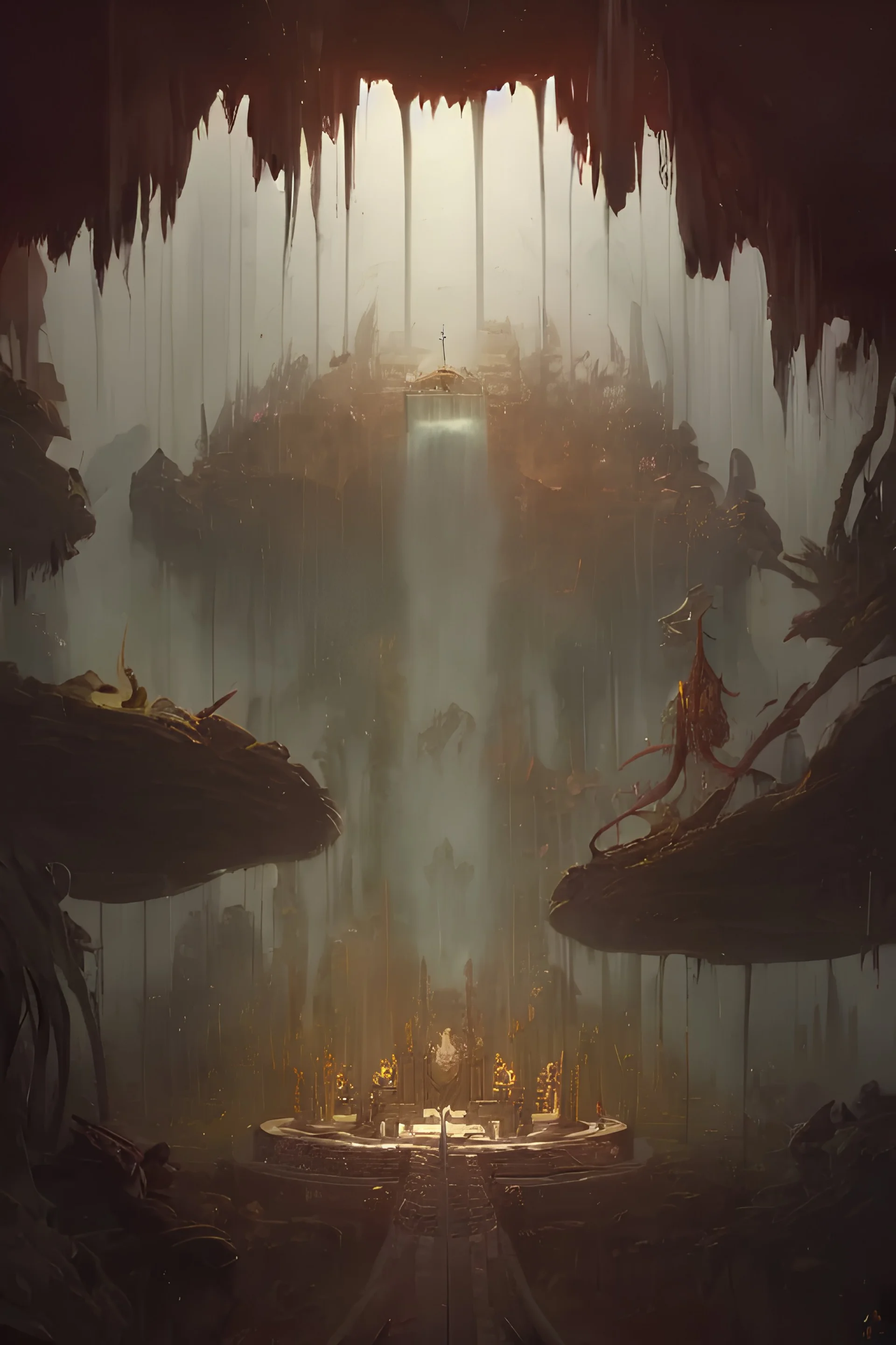 Throne Room of the Shaman Raccoon King, cinematic concept art, matte painting, trending on Artstation, wide angle shot, by Peter Mohrbacher