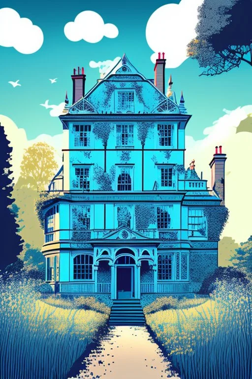 Disused, Victorian Manor House, Blue Sky, Over-Grown Fields, Vector Art