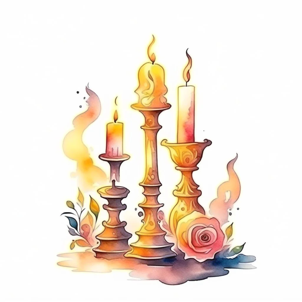 Watercolor candlestick with burning candles from the movie Beauty and the Beast on a light background