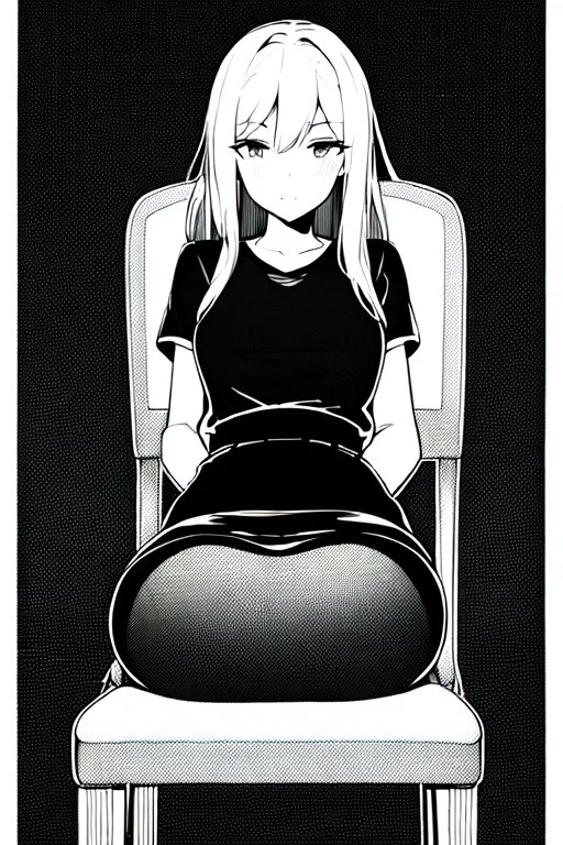 blonde girl speaks sitting on a chair, grayscale