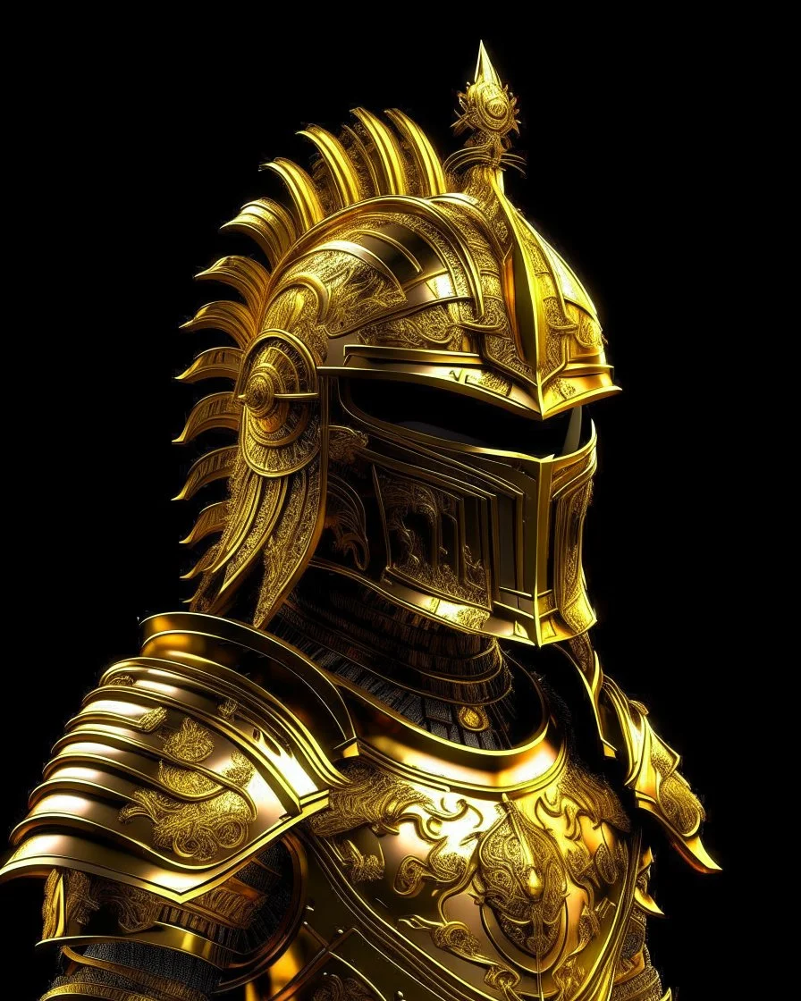 Gold metal sword themed armor black trim, glowing gold eyes, the helmet is fully covered, the helmet lion themed