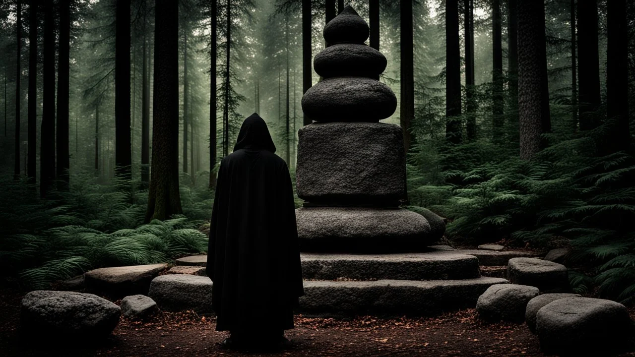 black hooded monk before stone altar in the forest