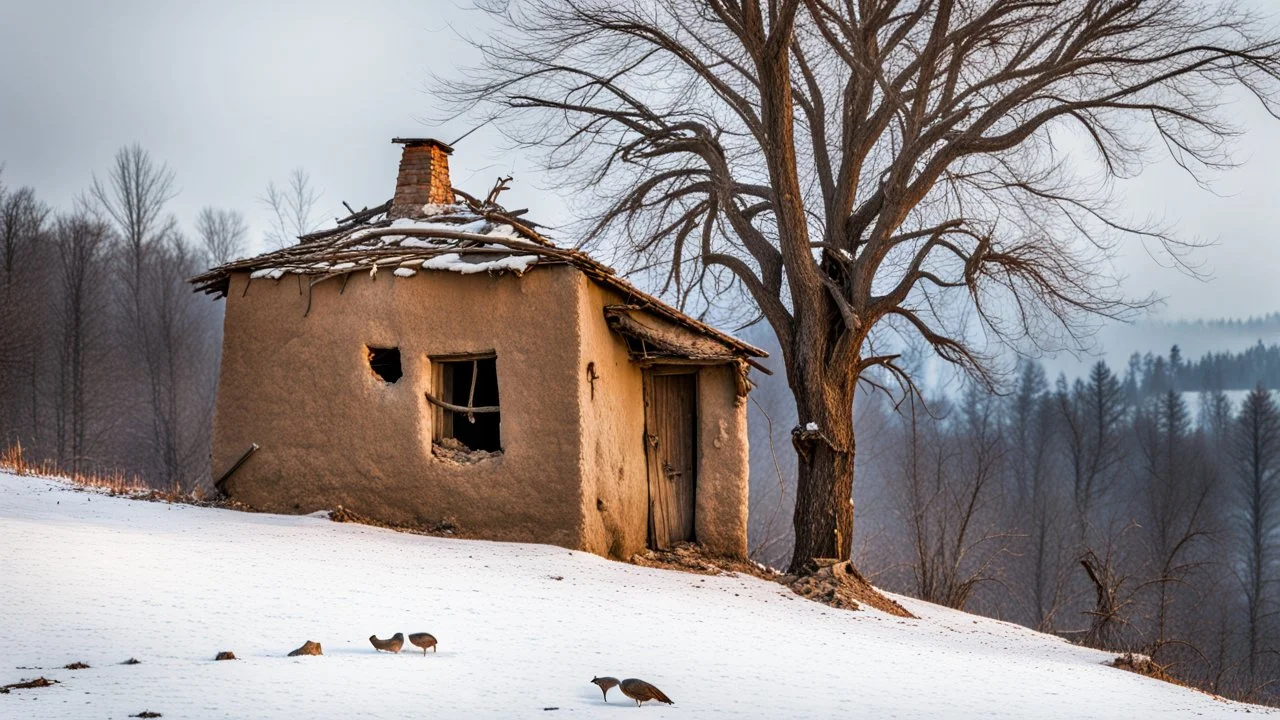 a lonely old adobe hut with worn adobe brown-gray wall and a small window, a crumbling roof, an old chimney stands on a hill, next to it is a small woodshed by the wall, and an old withered tree leans over the hut on thr old tree sitting a black crow, the hut stands on the edge of a European forest, winter, snowy landscape, low light, dawn, snow, high detailed, sharp focus, high realistic, perfect photo