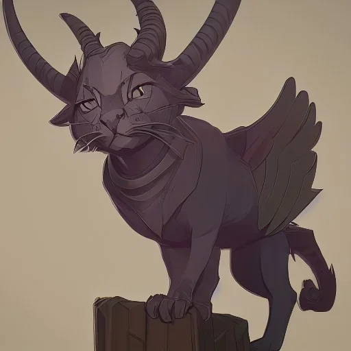 cat gargoyle with goat horns and wings on its back Nick Harris style