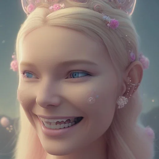 in front of a pink castle, a cheerful fairy, big smile, pink, blonde hair, beautiful, whole face, whole top hair head, wide open blue eyes, transparent wings onn the back, hyperrealism, masterpiece, expert, cinematic lighting, sharp focus, 8K, pastel, macro lens, woman, detailed, flower