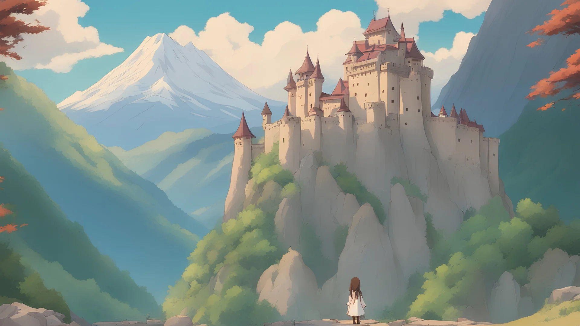 a castle, mountains in the background, Ghibli style anime