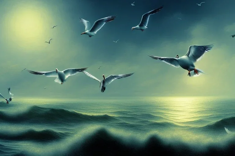 seagulls flying over the sea in the evening, oil painting deviant art wallpaper