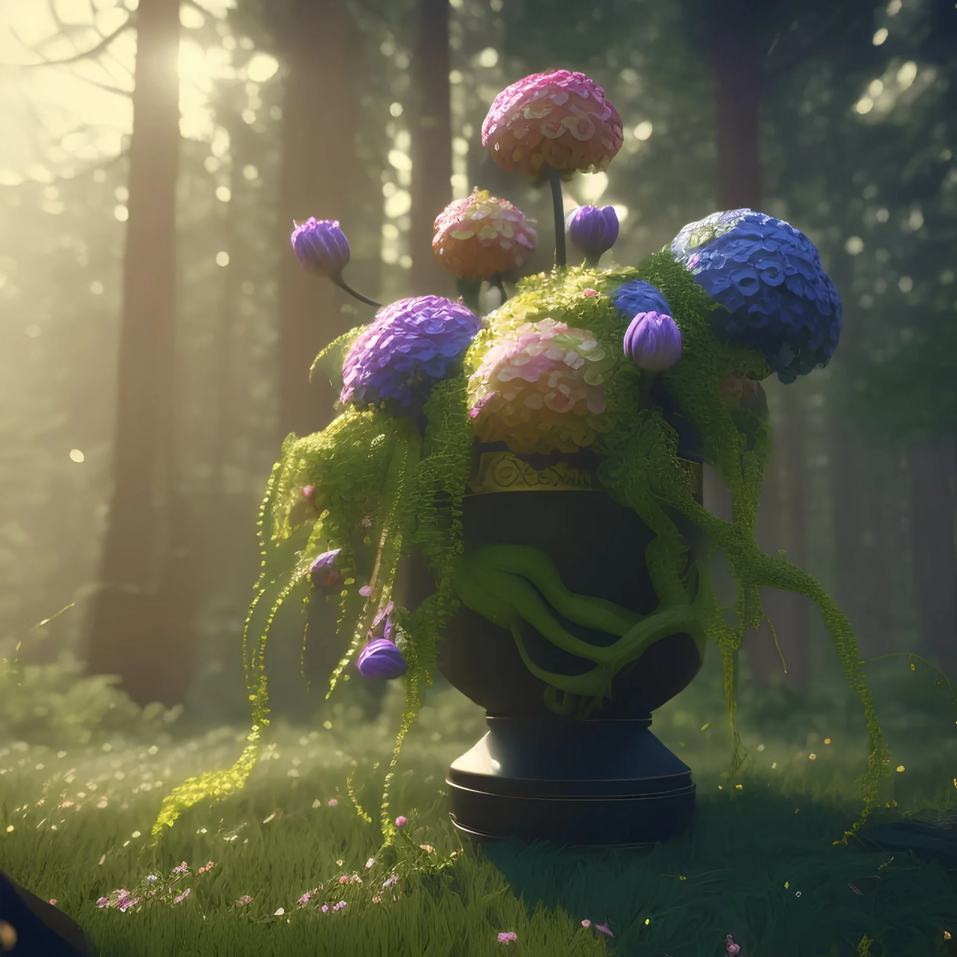 Exotic flowers in a black pot, 8k,unreal engine, very detailed,flashy colors, forest background,realistic, cinema 4D