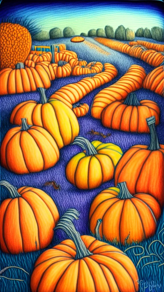 pencil drawing with colored pencils of a pumpkin patch, colorful