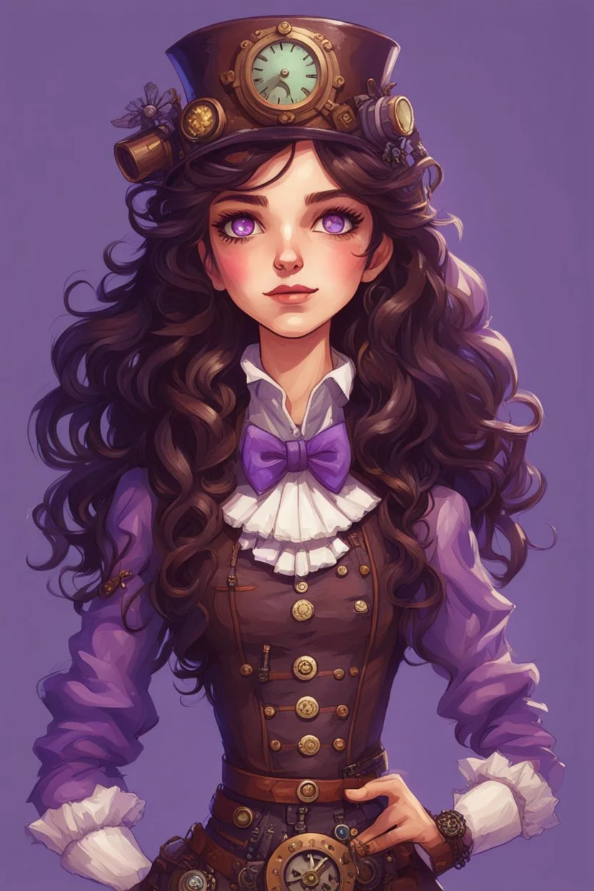 Nutcracker, A girl with long, wavy dark brown hair, purple eyes, dressed in steampunk clothes, stardew, valley style