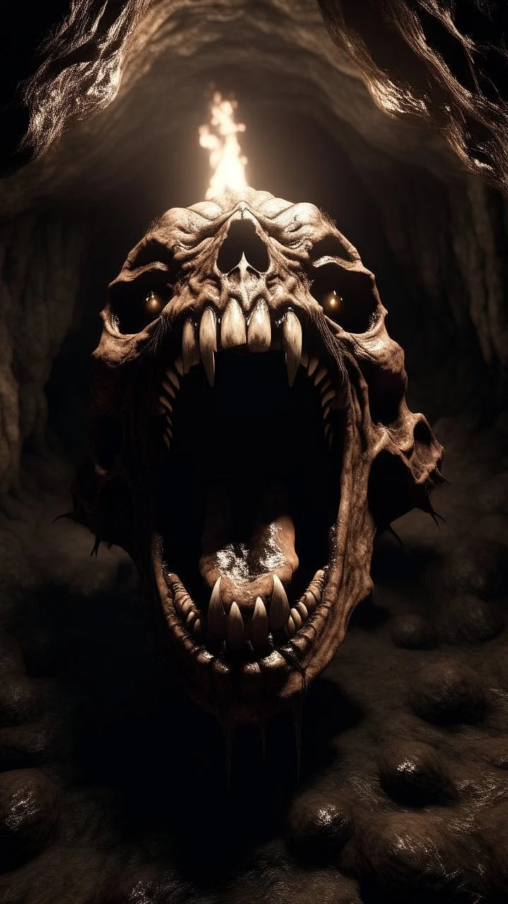 An evil creature with skull covered with thick layer of dark brown corrosion , open his mouth wide screaming no teeth , and vstanding in front of a dark cave, Bosch painting style , of a nightmare , fisheye lens, hyper photorealistic, hyper detailed dark , high resolution, fog, octane render, tilt shift, 8k ,