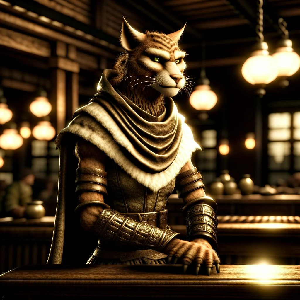 A distressed male khajiit from Skyrim dressed in rags with brown spotted fur in a medieval fantasy tavern