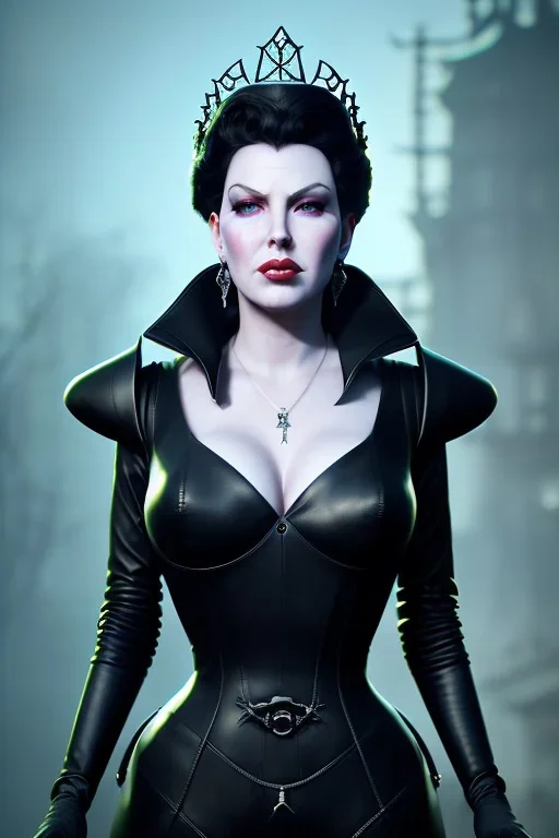 Lana Turner as evil queen in black leather, leather, busty, cleavage, angry, stern look. character design by cory loftis, fenghua zhong, ryohei hase, ismail inceoglu and ruan jia. unreal engine 5, artistic lighting, highly detailed, photorealistic, fantasy