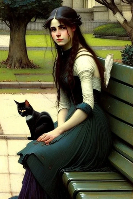 Woman sitting on a park bench, a cat sitting beside her. John William Waterhouse