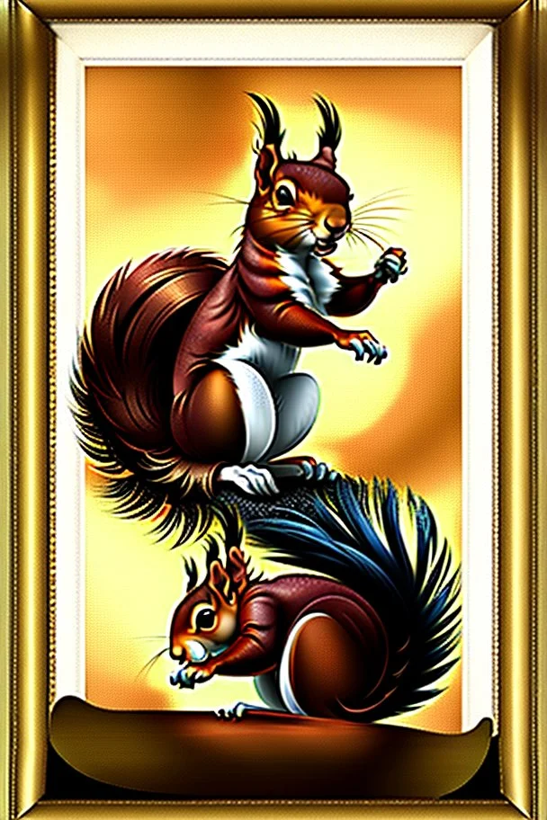 The most spectacular squirrel fight in the world in sepia with vignette and a gold frame