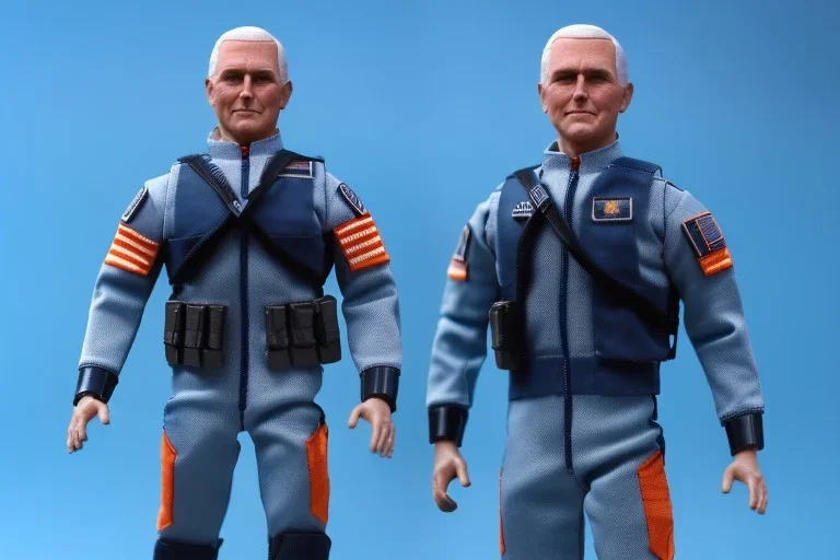 A Single Mike pence g.i. joe toy doll With a Laser gun space force Blue fabric uniform, fluorescent orange, whole body wide view, black boots