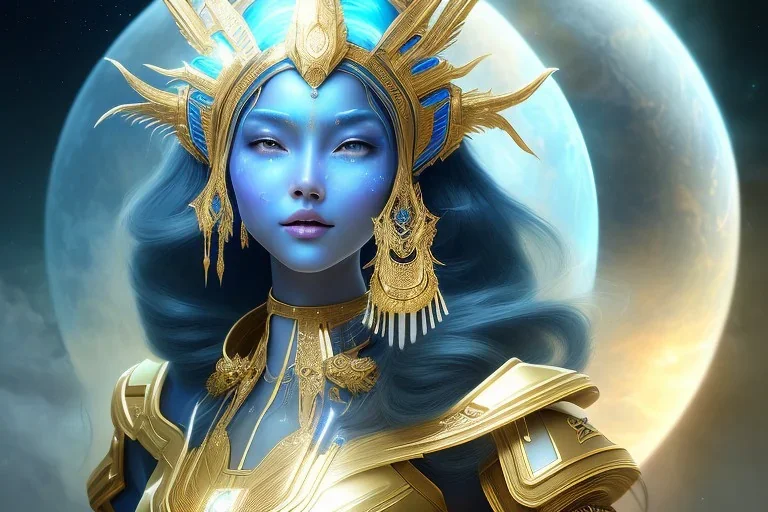  beautiful cosmic asiatic woman with blu color skin, long hair, nice smiling, magic glamour make up, delicate colors, beautiful glamour galactique dress, ultra sharp focus, 8k, unreal engine 5, extremely sharp detail, light effect, soft light atmosphere of a spaceship, smooth, full of details, face in front, complete vision of face and hair and body