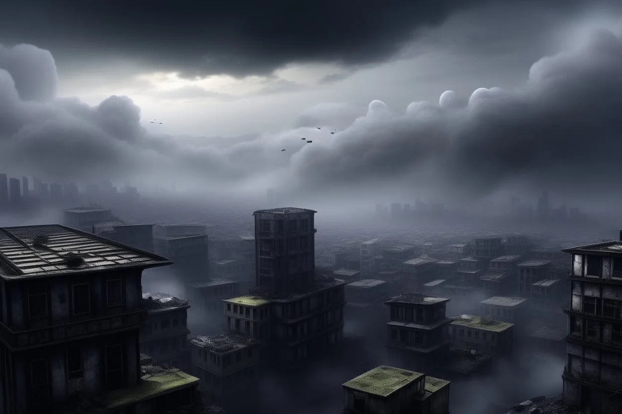 A dark, disrepair city in the clouds