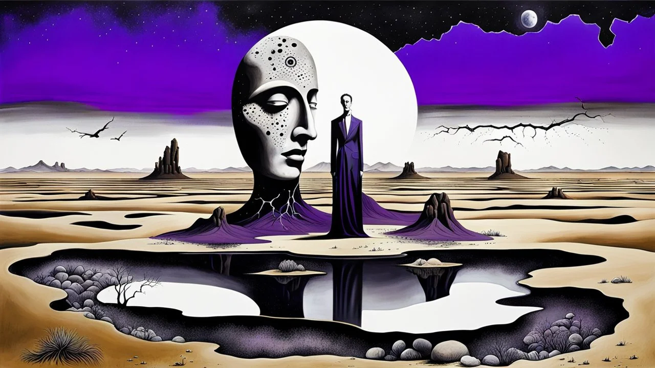 inner world with uncontrolled mind and soul, in midle a big portrait statue stands on little floating island over deep Sahara, around surreal cracked painted weird land with some black doors. dark purple, gray, black, white, brown. Whimsical style of Chagall , of Minjae Lee and René Magritte, lonely face with absurd beauty. broken, weird bizarre absurd nightmare, labirynth, dark vision, neuron network background, surreal vibe
