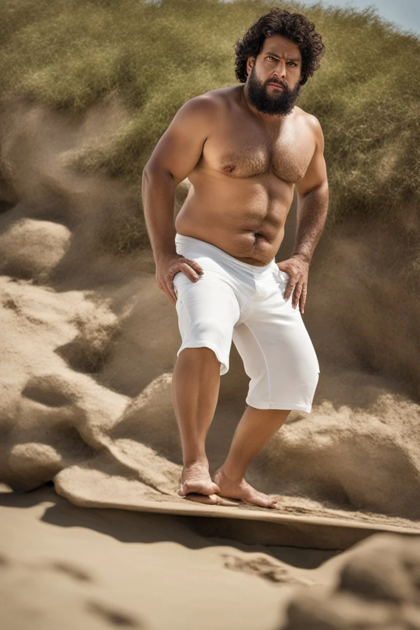 full figure shot photography of a tired chubby burly 38 years old ugly arab carpenter, tank top, big nose, tattoo, unshaved, short curly hair, manly chest, angry eyes, white pants, open legs , at the beach in the sun, big shoulders, big tights, side light, ground view angle