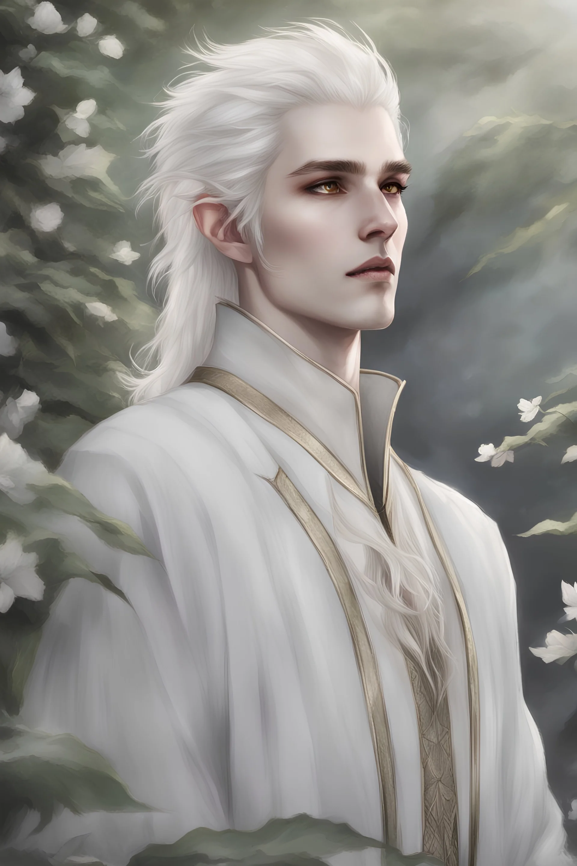 a young male Elf sorcerer with ethereal white skin and hair, complemented by striking black eyes