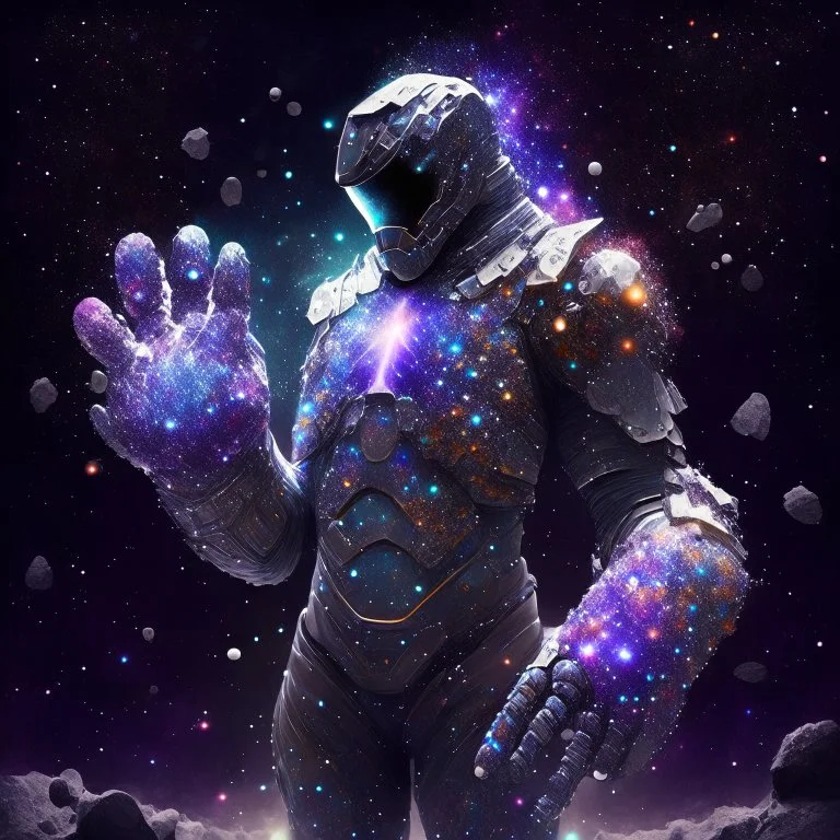 A battle suit made of galaxies and stars with a glove that has seven endless stones