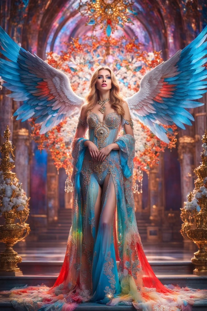 Gorgeous photography full body Beautiful super model Russian dressing Lady Angel colorful art conceptual, amazing artwork, hyper detailed, ultra maximalist quality, 12k , close-up portrait,crystal ornaments vbackground