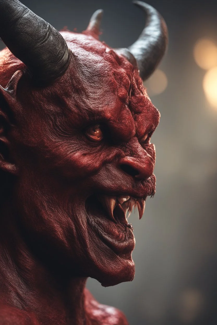 a very close up side profile image of a devil, smiling,8k quality, supper realistic