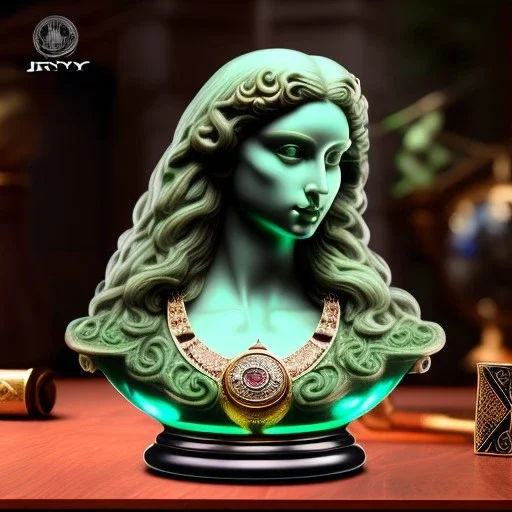 auction hammer, green olivine stone figurine, bust of luna aurora divine, ancient, magic,on dark wooden table with drinking glass,compass,brilliance