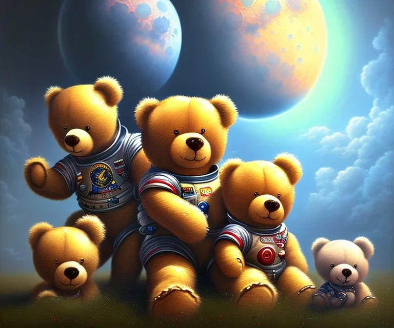 little boy and big teddy bears on moon. oil on canvas