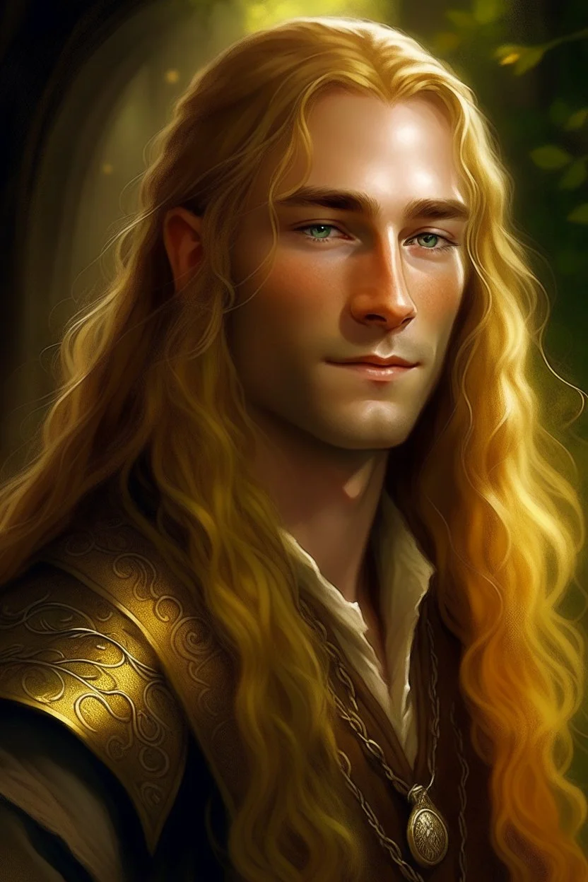 A young serene Lord Of The Rings like man with long golden hair that cascades gracefully. His open eyes, with blind pupils, reflect a depth of wisdom and inner peace. A gentle smile graces his face, adding warmth to his tranquil demeanor.