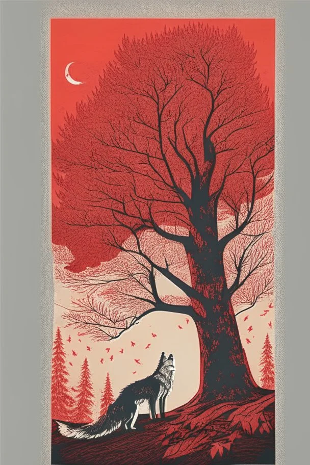 in a cosy vintage style, a wolf marvels at a red tree