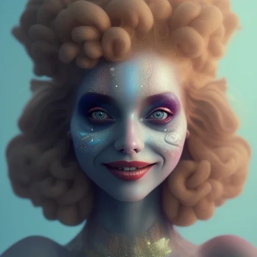 Ultra detailed very beautiful smileing cute clown girl,beautiful real skin, red nose, shallow of dept 3d, symmetrical, ultra detailed curl hair, ambient lighting, ultra detailed face, concept art, circus,party, digital painting, octane render, art by artstation