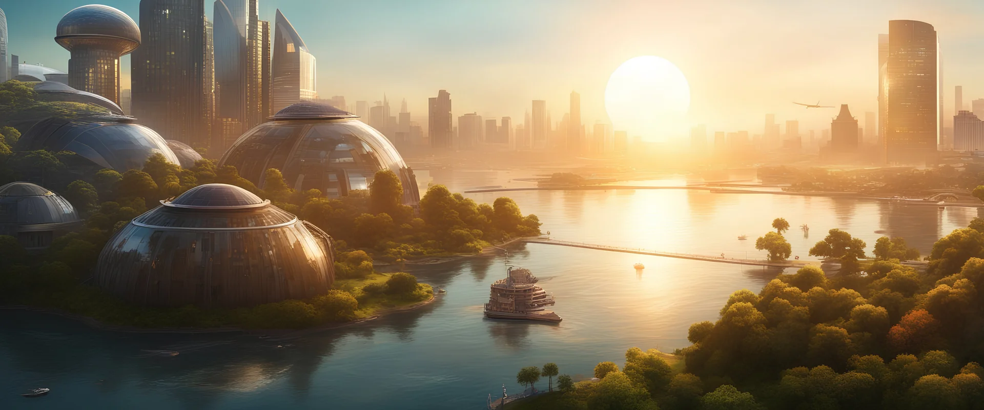 solar punk city with futuristic dome buildings on the left, sunrise from the river, nice blue sky, vibrant, greenery, Realistic